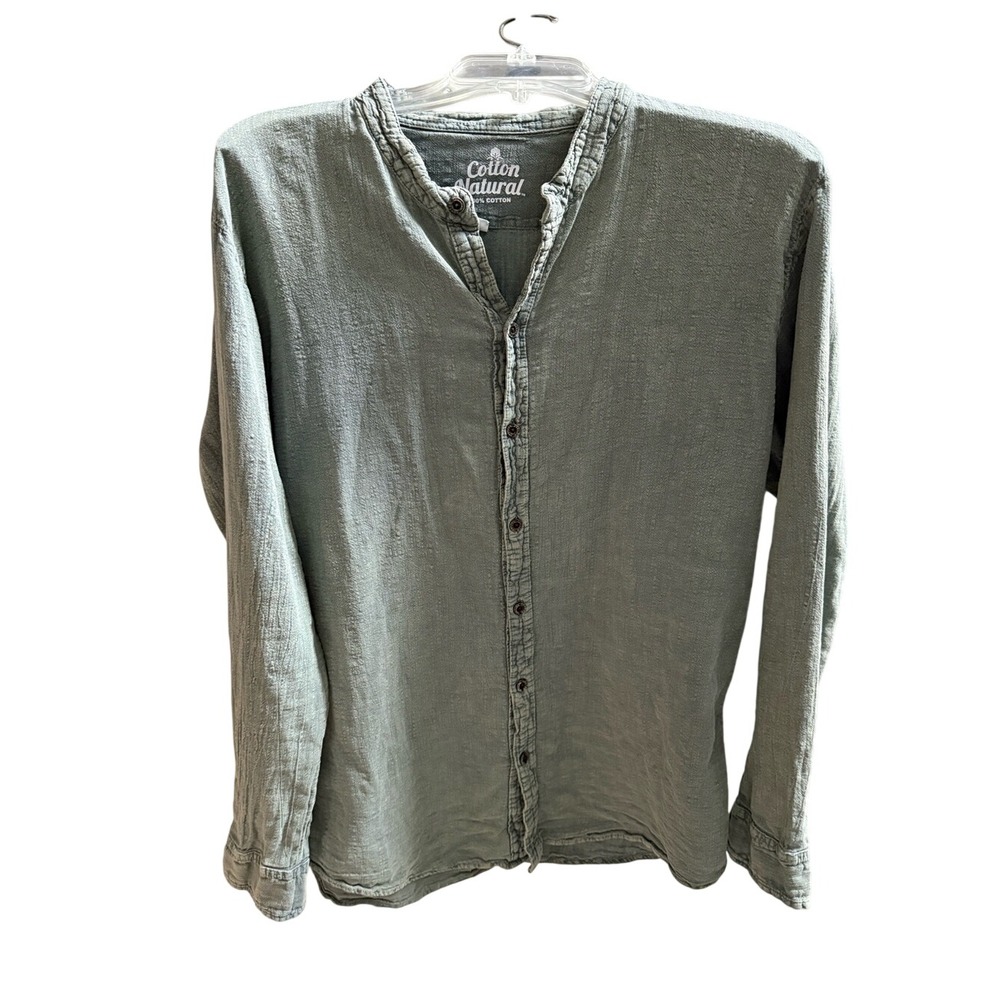 Cotton Natural Mens Band Collar Long Sleeve Shirt Sage Green 100% Cotton Large